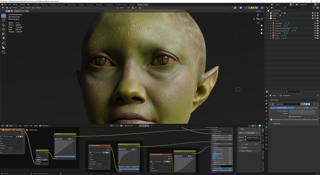 Blender 3d head model photorealistic skin shading